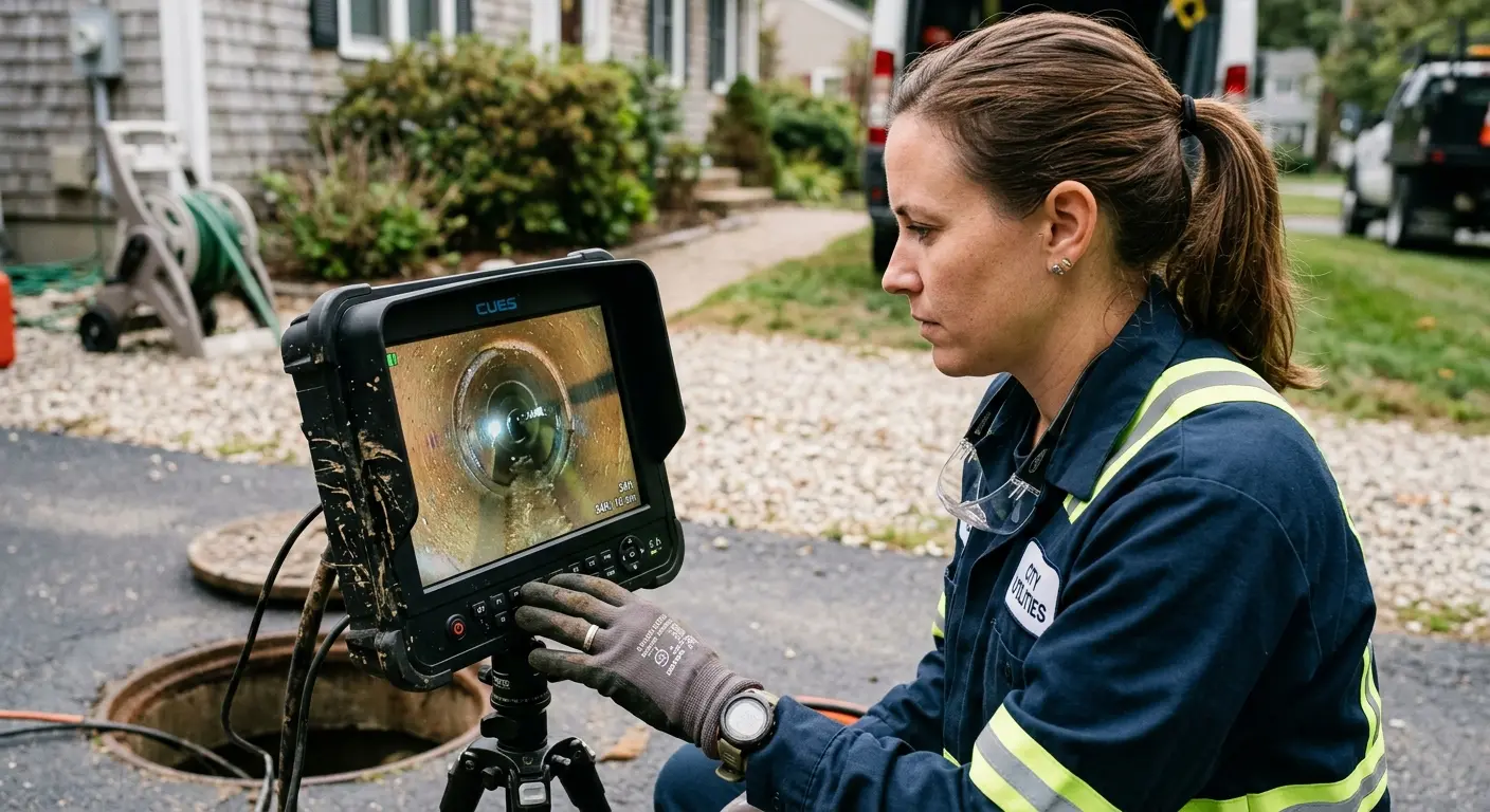 Technician reviewing sewer camera inspection footage in Pompton Lakes