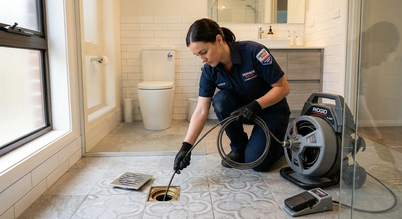 Technician clearing a bathroom floor drain for Sewer Line Replacement in Pompton Lakes